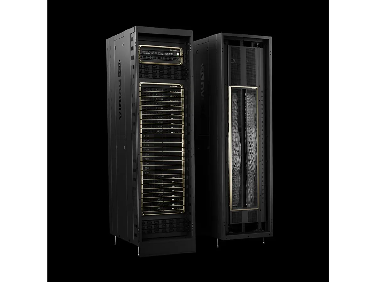 Blackwell NVL72 rack pair, compute and switch cabinets side by side